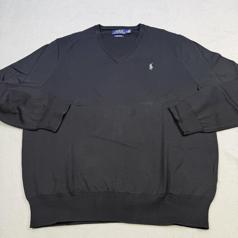 Polo Ralph Lauren Sweater Mens Large Black Pima Cotton V Neck Pullover Knit